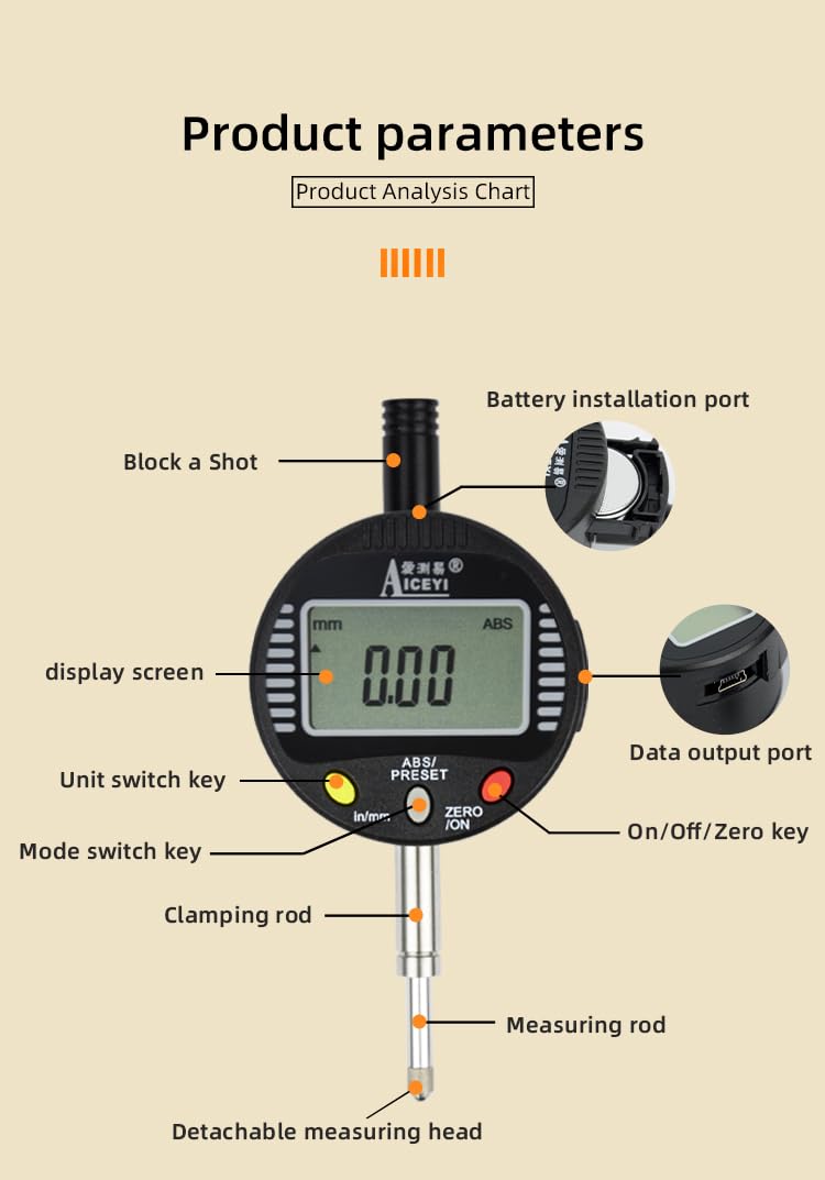 AICEYI Digital dial Gauge, with a Range of 0-1in/25.4mm and a Digital Indicator Accuracy of 0.001mm/0.00005 "Metric and Imperial Measure Tool Electronic Dial Gauge (ACE-Q25) - Image 4